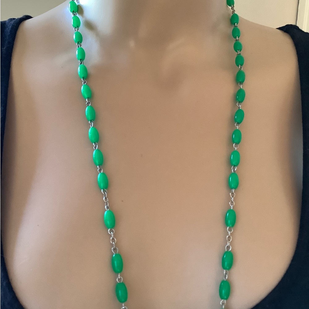 Vintage Rosary Cross Necklace Green - Picture 8 of 10